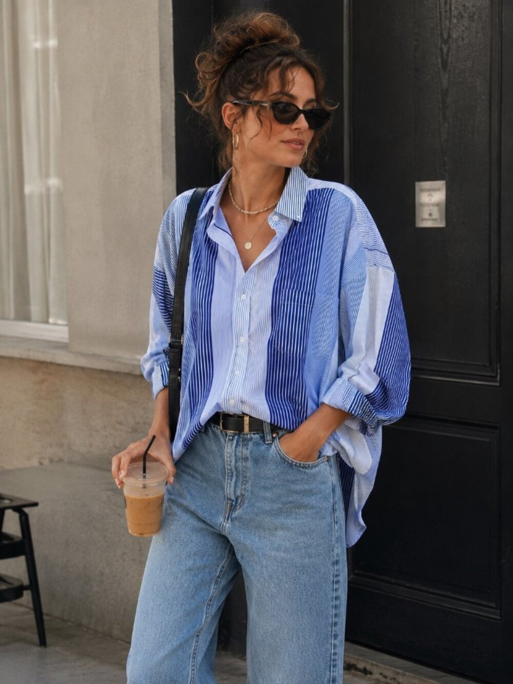 Zara Woman Blue Mixed Stripe Oversized Button Down Shirt XL